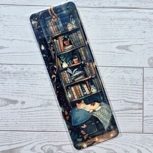 Cozy Cat & Bookshelf Metal Bookmark – Gift for Readers & Book Lovers